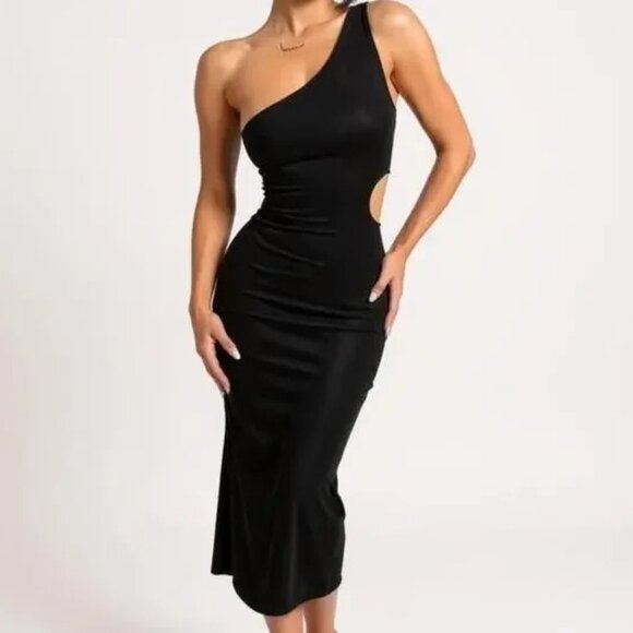 That's So Fetch Trami One Shoulder Cut Out Midi Dress Black 8/M NWT - Picture 2 of 14